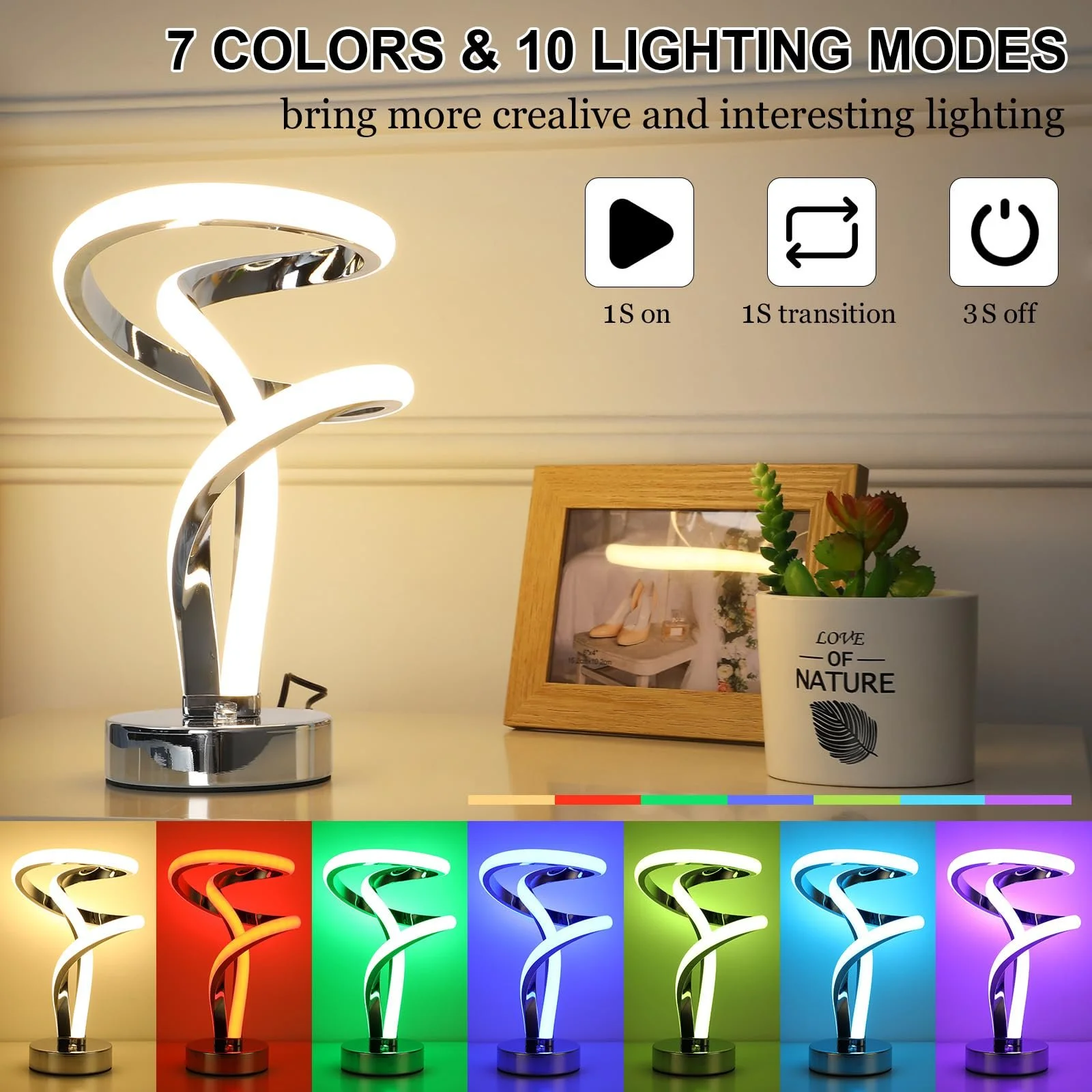 Настільна лампа Lightess LED Bedside Lamp Touch Dimmable 10 W RGB Spiral Modern Срібляста, фото №2