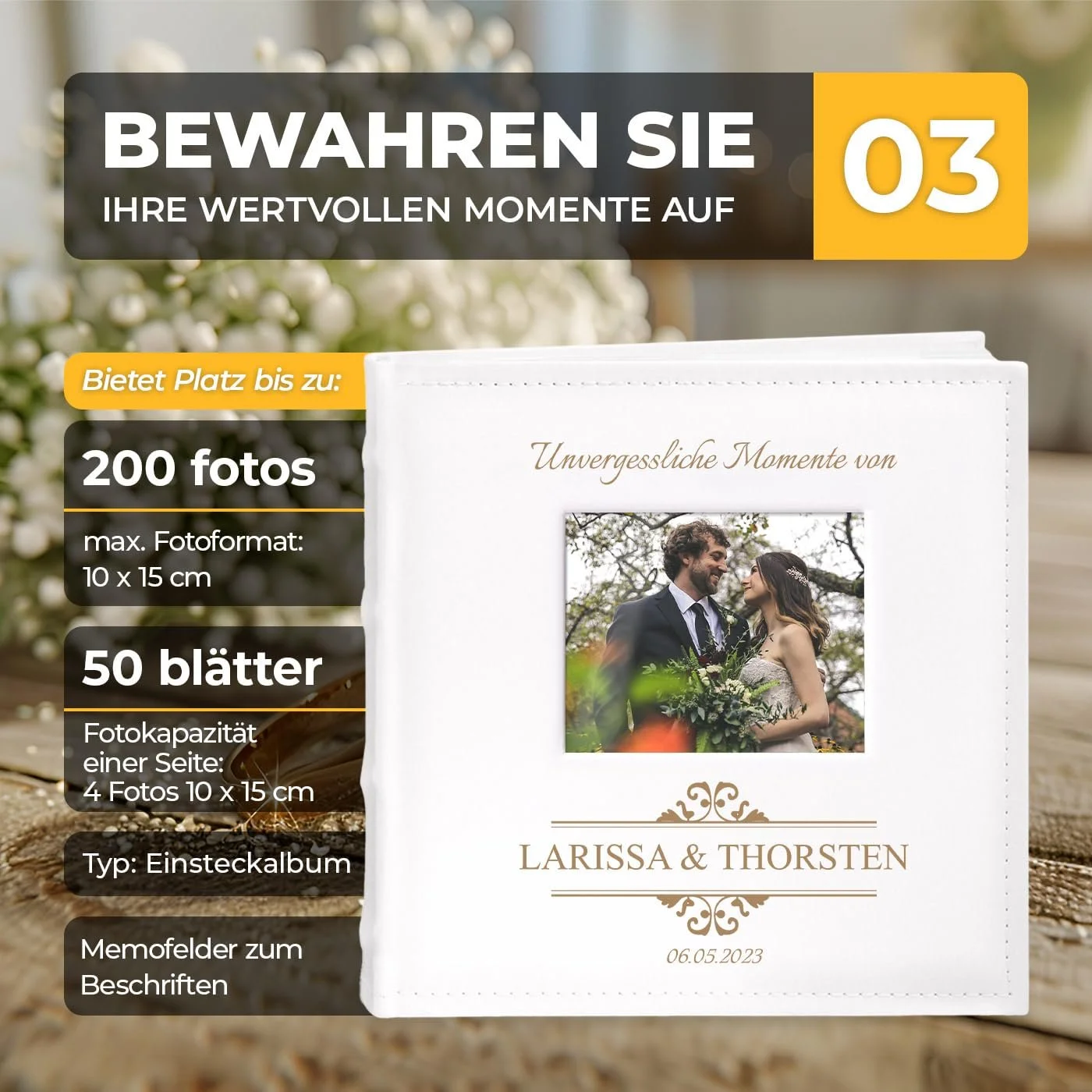 Альбом для фотографий Maverton вставного типа + с гравировкой - 21 x 22 см - Фотоальбом на 200 фотографий 10 x 15 см - 100 страниц - Белый, фото №4