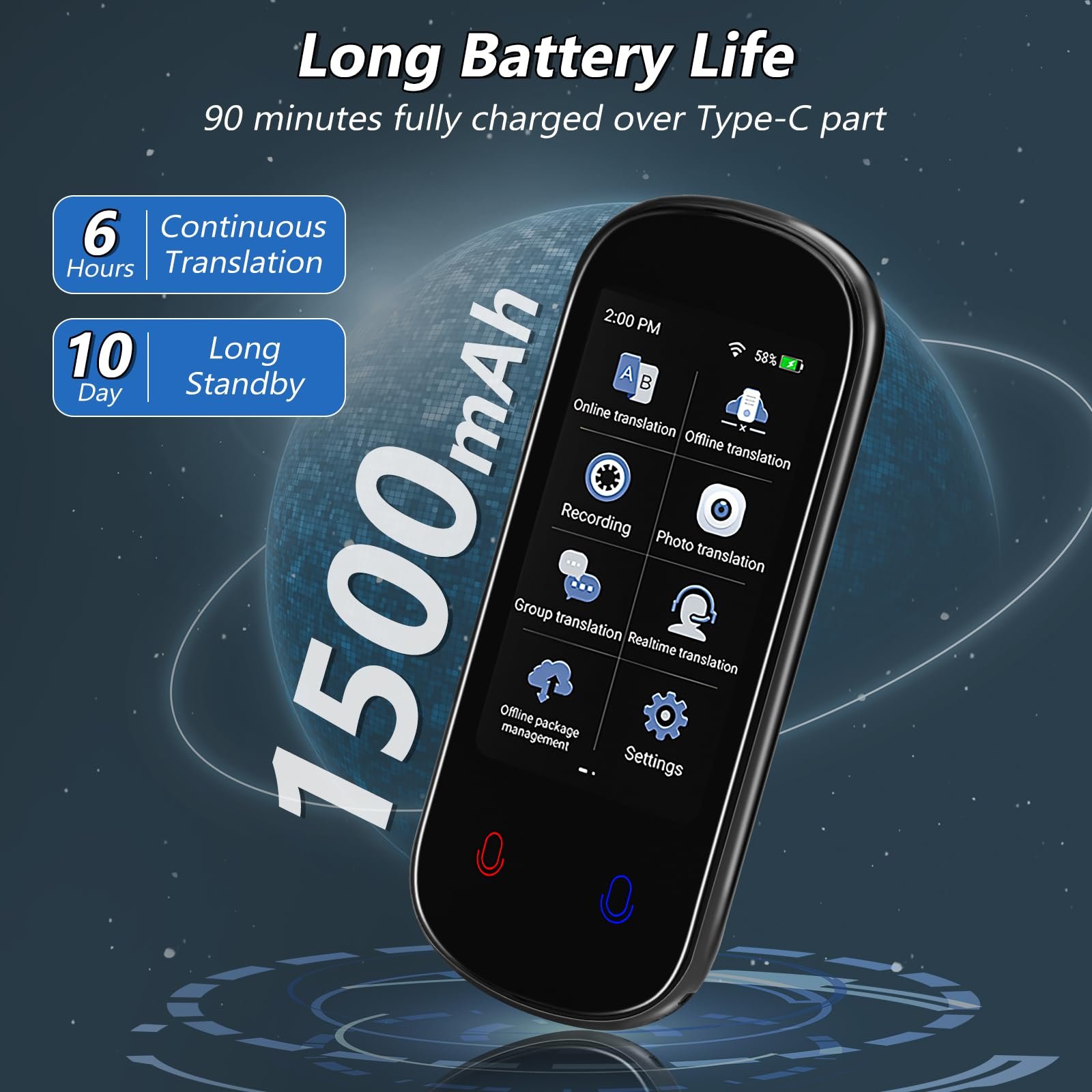 Інтелектуальний голосовий перекладач Z2 138 мов, 3-дюймовий HD сенсорний екран Акумулятор 1500 mAh WiFi, фото №9