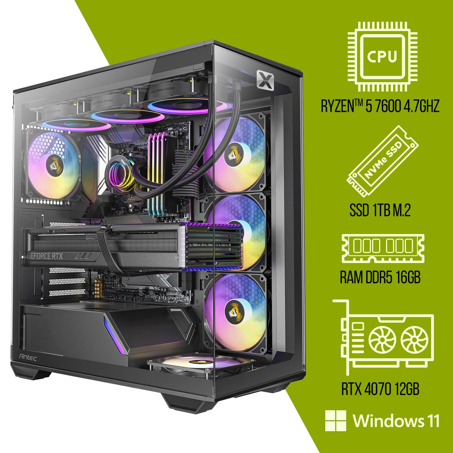 Настольный ПК Next Spike 28 Gaming AMD Ryzen 5 7600X 16GB DDR5 RAM 1TB Nvme SSD Nvidia GeForce RTX 4070 Super WiFi 6E Bluetooth Windows 11, фото №5