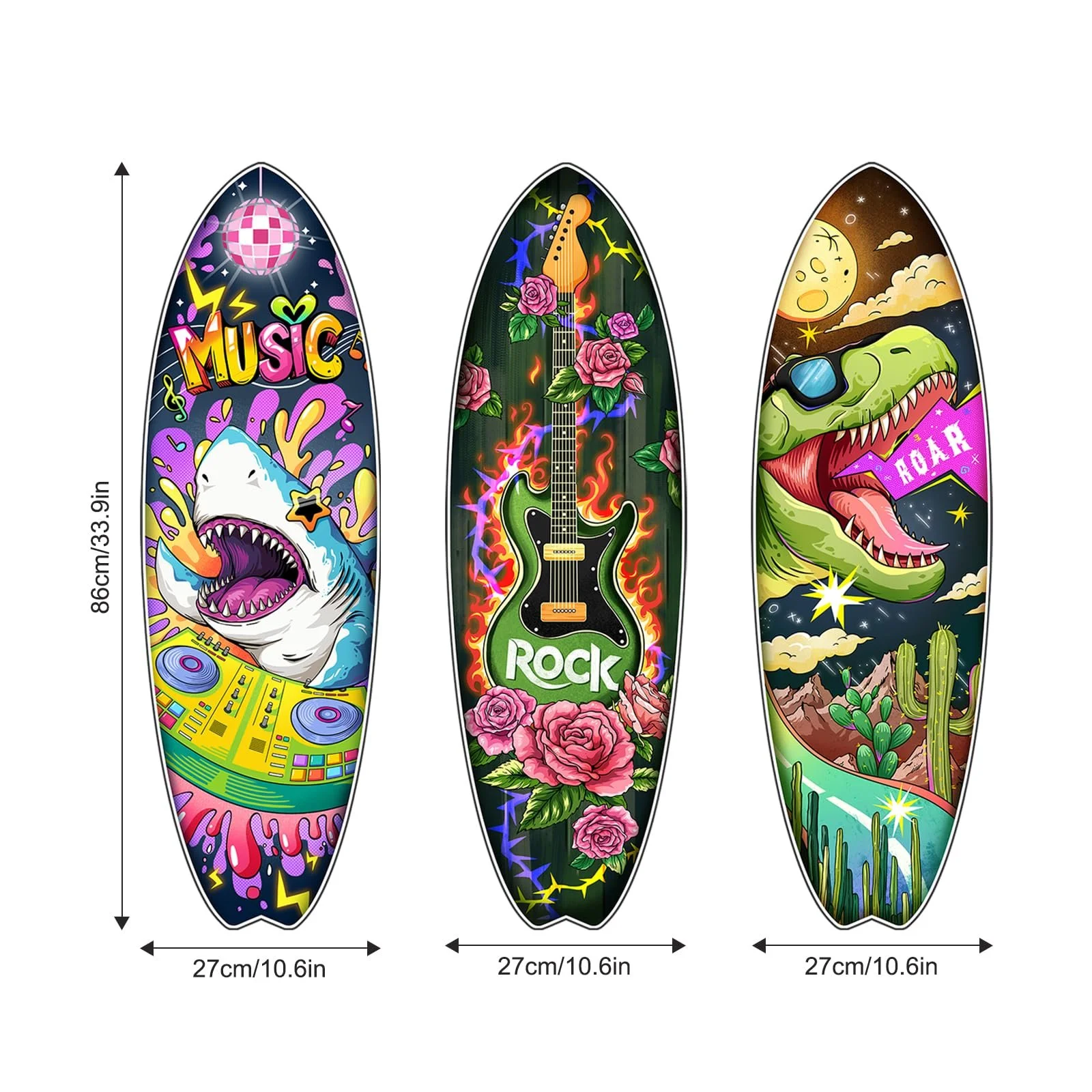 Наклейки на стіну Supzone Music Surfboard Dinosaur Guitar Shark 3 шт, фото №2