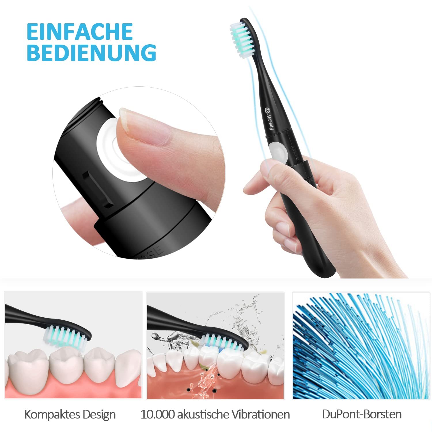 Дорожня електрична зубна щітка MitButy Водонепроникна Портативна на батарейках Дорожній футляр-ковпачок, фото №3