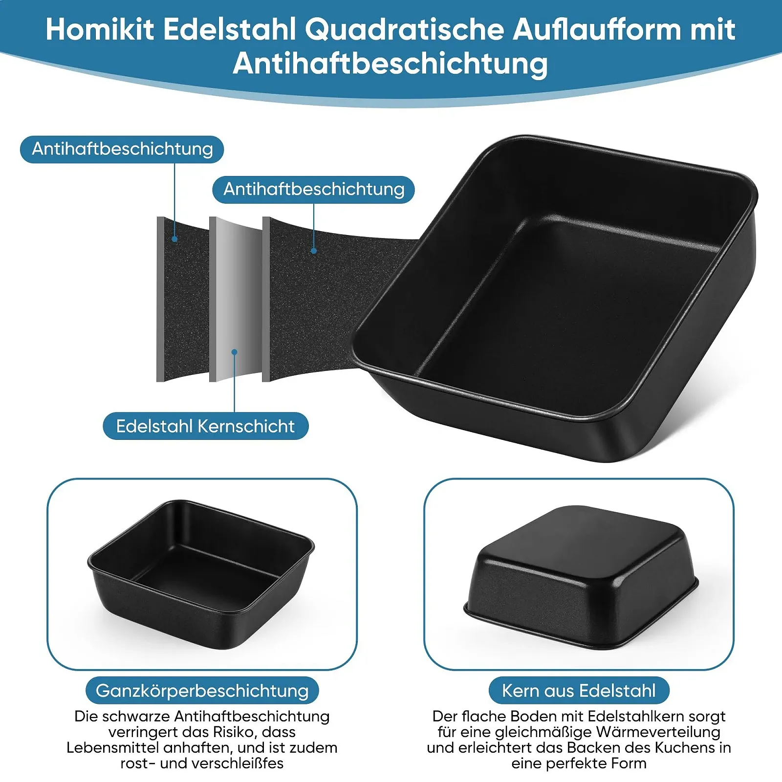 Набор форм для запекания Homikit 15,9 x 15,9 x 5 см 2 шт квадратные нержавеющая сталь антипригарные Черный, фото №3