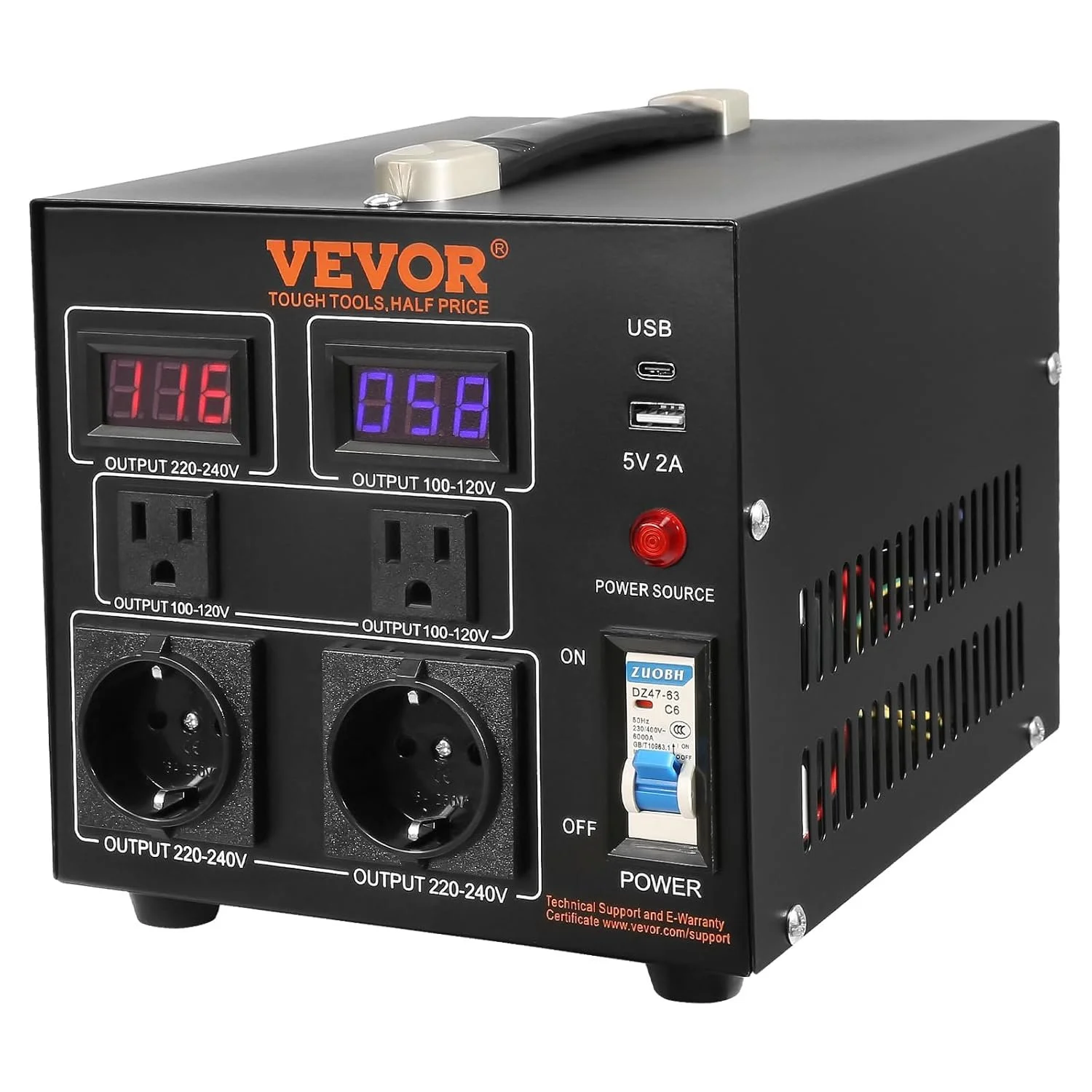 Трансформатор напряжения VEVOR SV-500VA / 500 Вт / 15 A / AC 110/220 В / 5 В USB / Черный, фото №5 Трансформатор напряжения VEVOR SV-500VA / 500 Вт / 15 A / AC 110/220 В / 5 В USB / Черный, фото №5