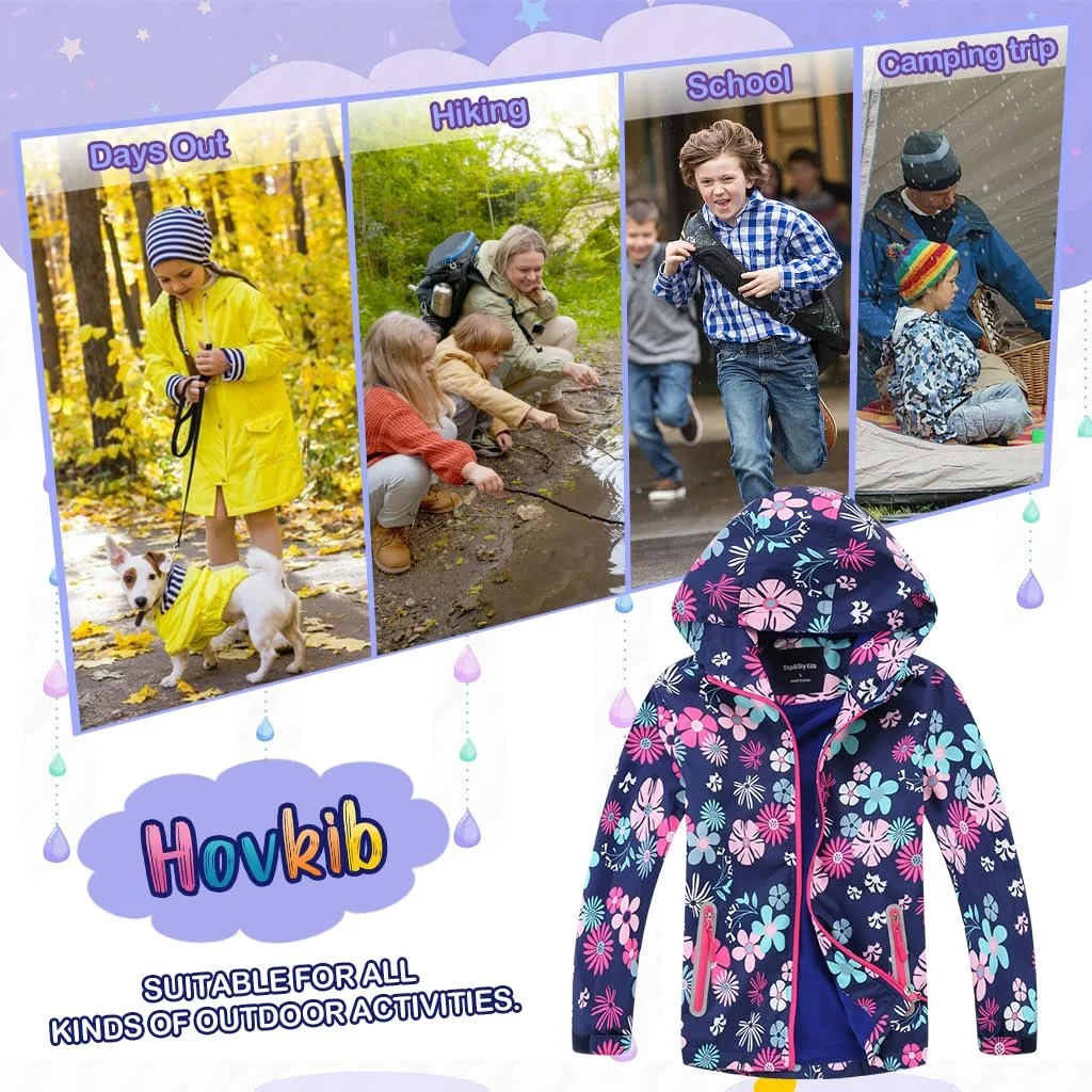 Софтшелл куртка Hovkib для девочек, легкая водонепроницаемая куртка от дождя, ветрозащитная водонепроницаемая куртка с капюшоном для походов, возраст 3-12, фото №4