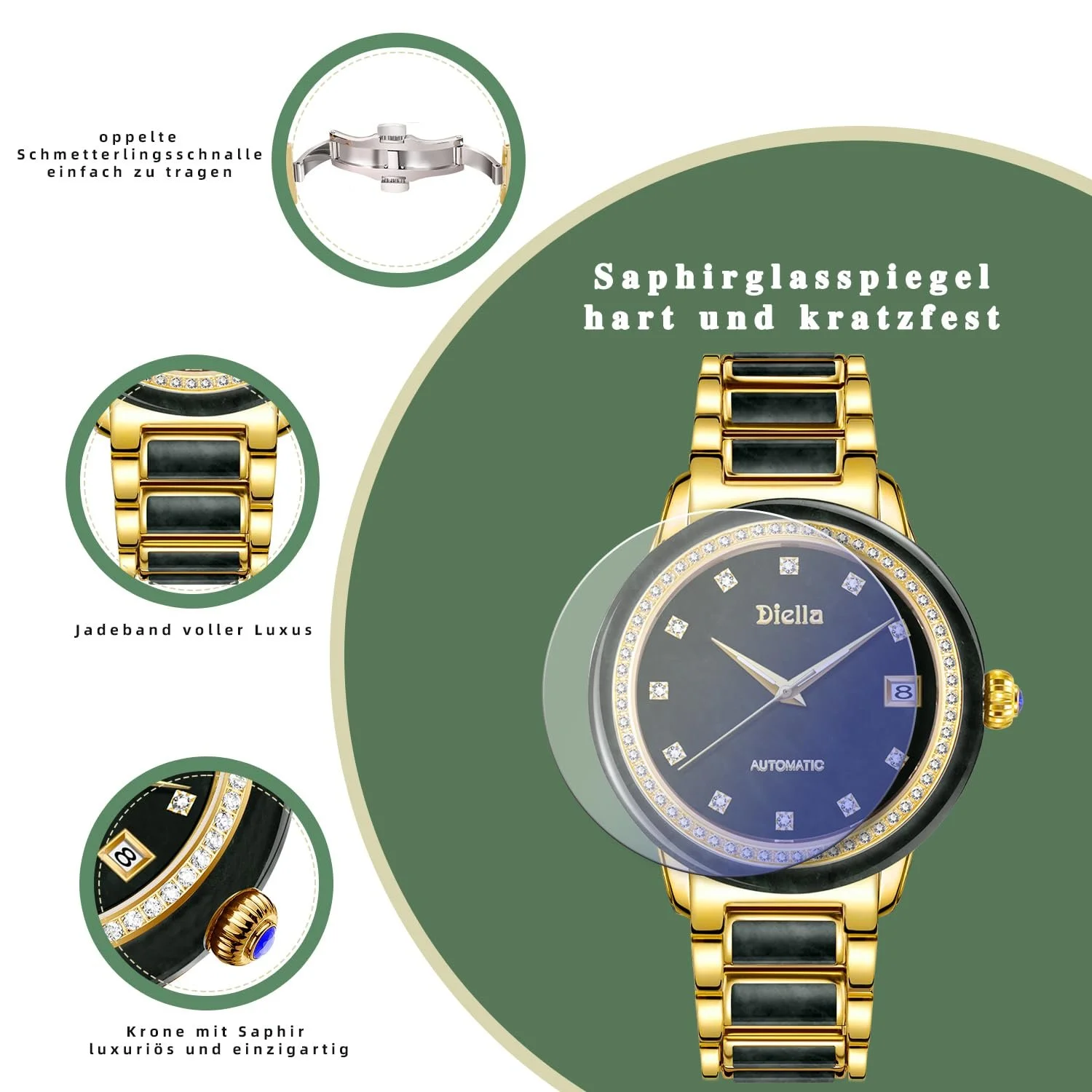 Автоматические мужские часы Diella, роскошные черные нефритовые и золотые, механические часы с люминесцентной, самозаводящиеся, водонепроницаемые, фото №3 Автоматические мужские часы Diella, роскошные черные нефритовые и золотые, механические часы с люминесцентной, самозаводящиеся, водонепроницаемые, фото №3