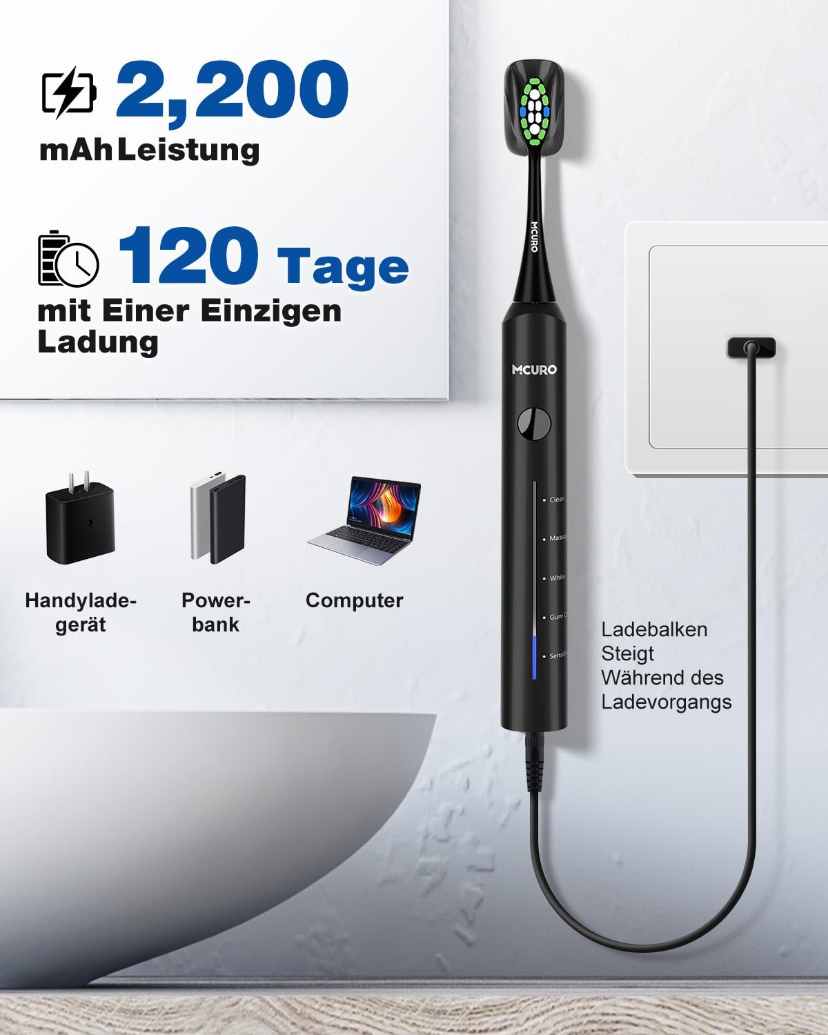 Електрична звукова зубна щітка MCURO 45000 VPM 5 режимів Таймер Чорна, фото №4