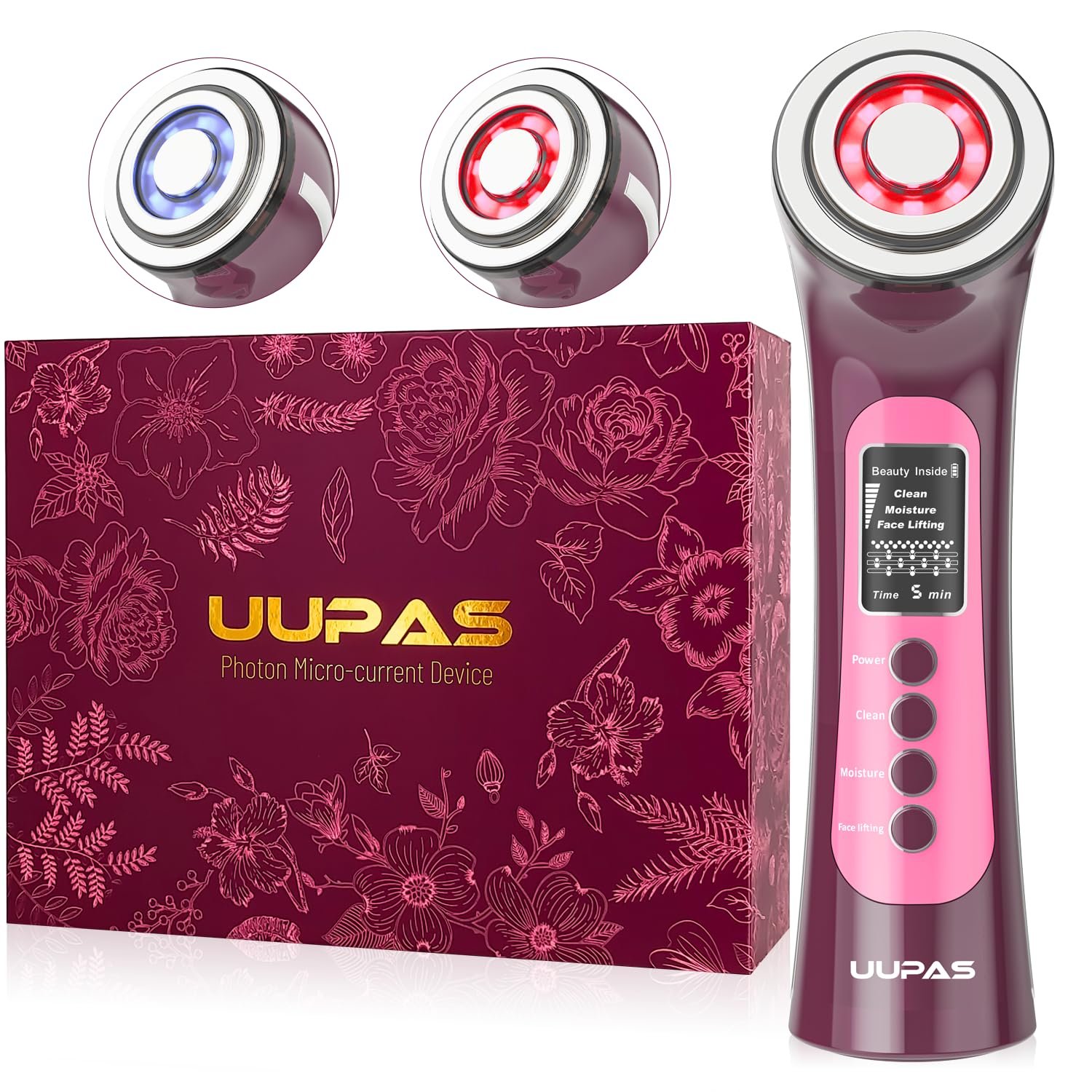 Прибор микротоковый UUPAS LED для красной/синей светотерапии - Радиочастотный и EMS микротоковый прибор для лица - Подтяжка кожи, лифтинг, фото №1
