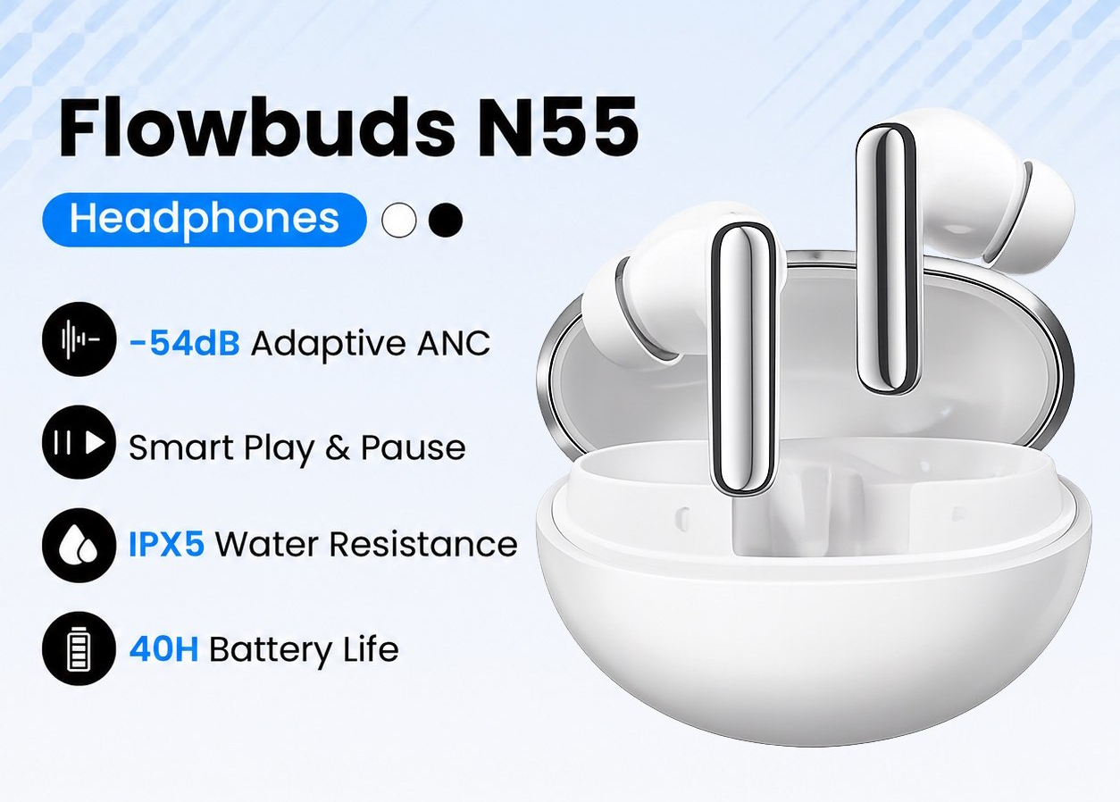 Безпровідні навушники HAYLOU Flowbuds N55 White LDAC Hi-Res Audio 54dB ANC IPX5, фото №1