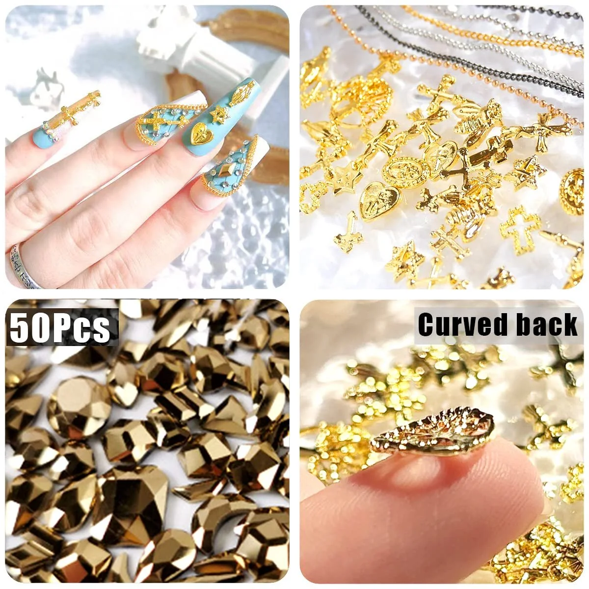 3D Украшения для ногтей 136 шт Металлические цепочки для ногтей Золотой Крест Сердце Винтажный сплав Заклепки для ногтей Кружево Панк Аксессуары Декоративные изделия DIY, фото №3