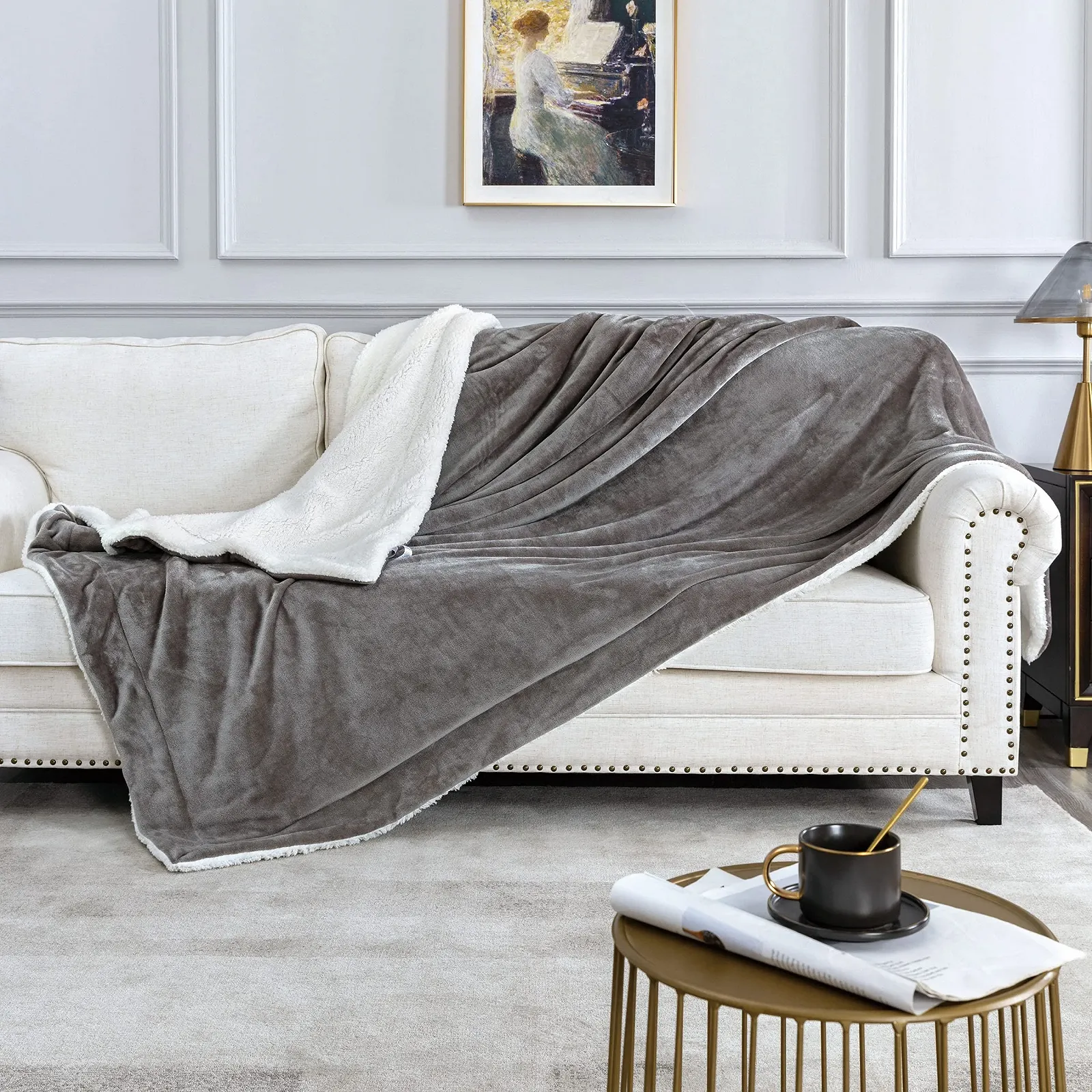 Плед для дивана Cuddly Sofa - Теплый плед Sherpa, толстый, пушистый плед для дивана, темно-серый, 160 x 210 см, фото №1