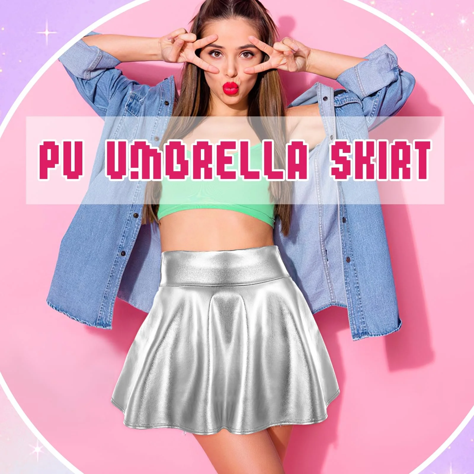 Блестящая юбка Женская мини-юбка клеш Плиссированная юбка с высокой талией Блестящая юбка Металлик для карнавала Хэллоуин Юбка-скейтер Металлик для женщин и девушек, фото №4