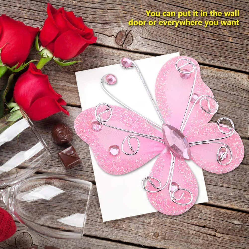 Декоративні наклейки Butterflies Набір 24 шт. Штучні Сітчасті Блискучі Рожеві, фото №7