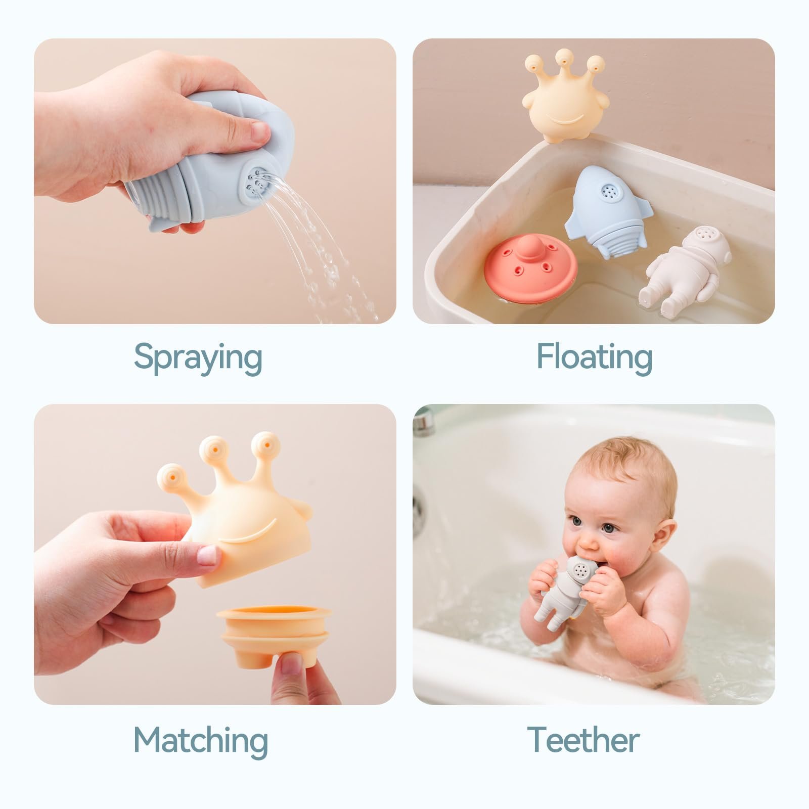 Іграшка для ванни OESSUF Силіконова, 4 штуки: інопланетянин, астронавт, космічний корабель, ракета, фото №3