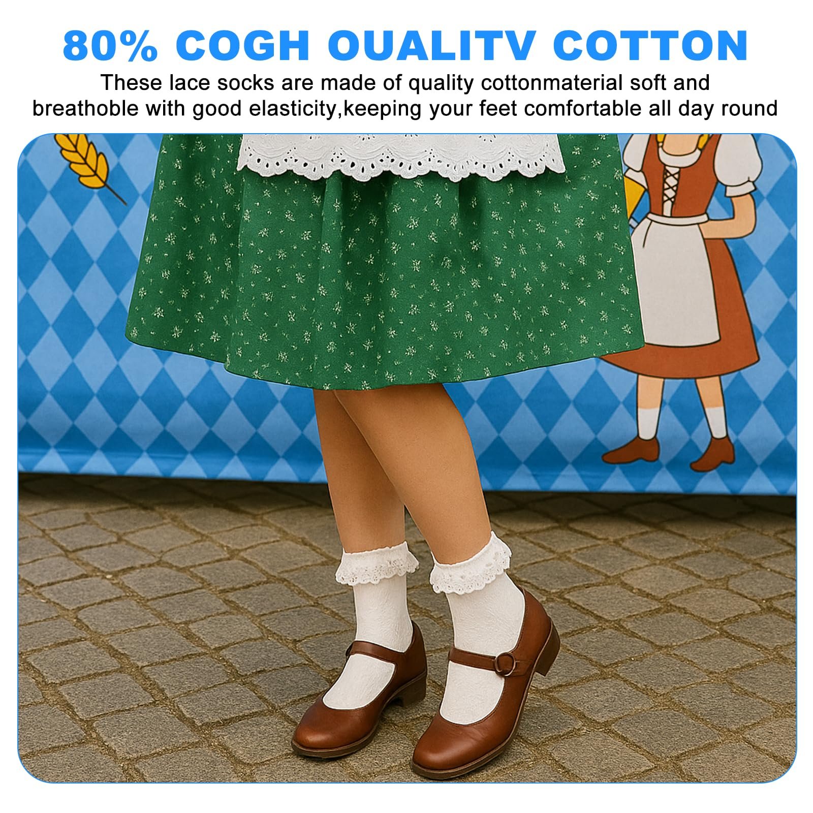 Женские носки для дирндля, 2 пары костюмных носков с рюшами, белые хлопковые носки для аксессуаров дирндля, фото №4