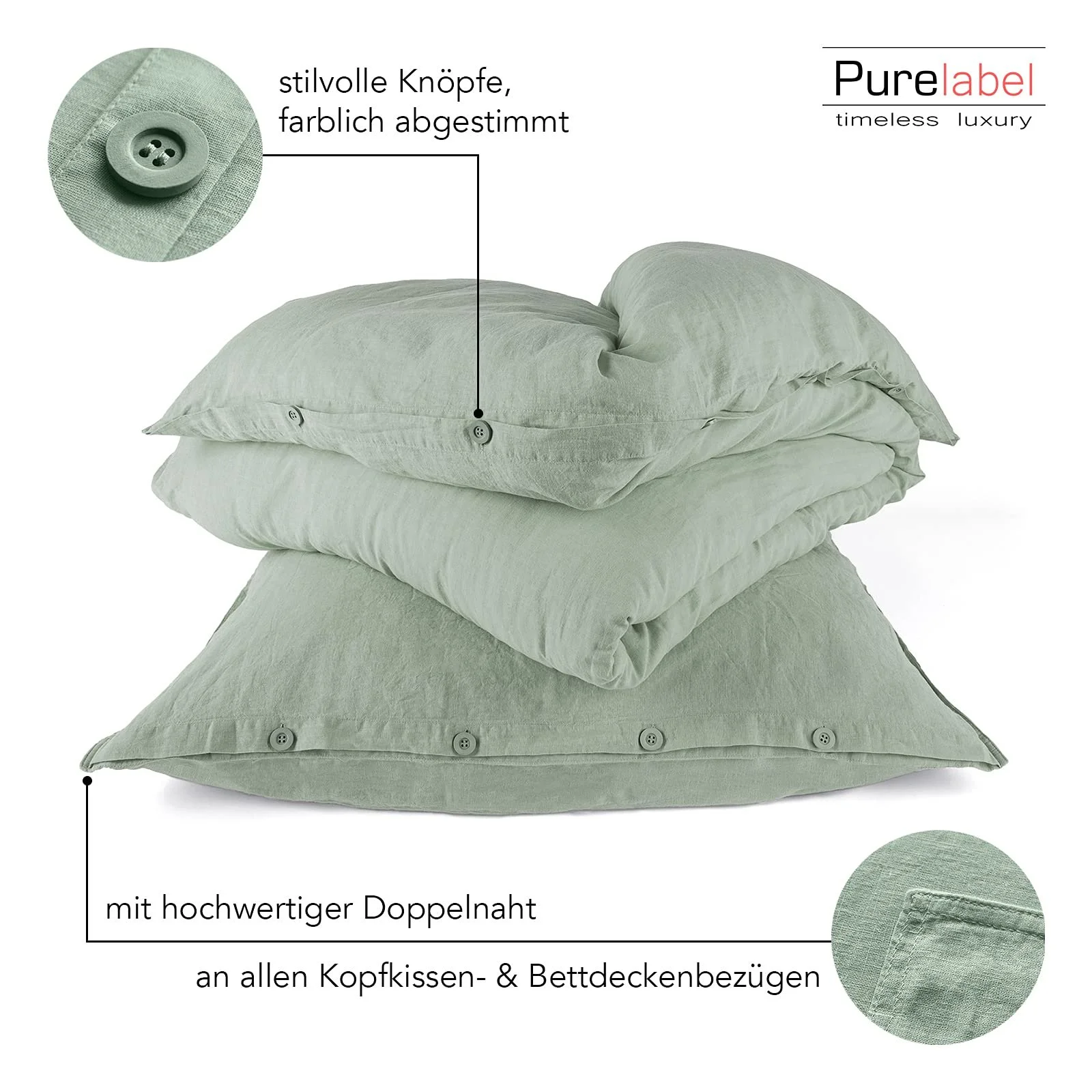 Постільна білизна Pure Label Напівльон Зелена 135 x 200 см + 40 x 80 см Не потребує прасування Бельгійський льон Бавовна, фото №4