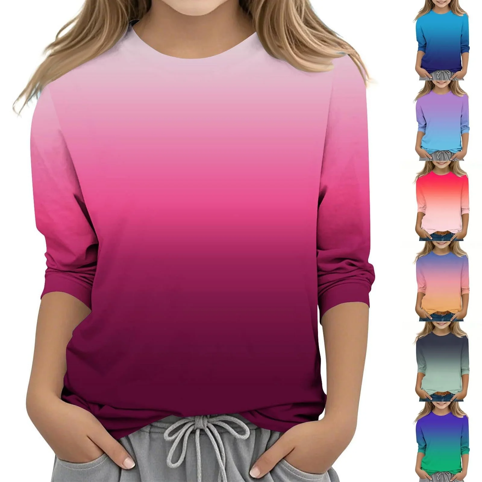 Рубашка с длинными рукавами для девочек, стандартный крой, детские хлопковые пуловеры, свитшоты с круглым вырезом, красочный градиент, рубашка с рукавами 3/4, топы, фото №2