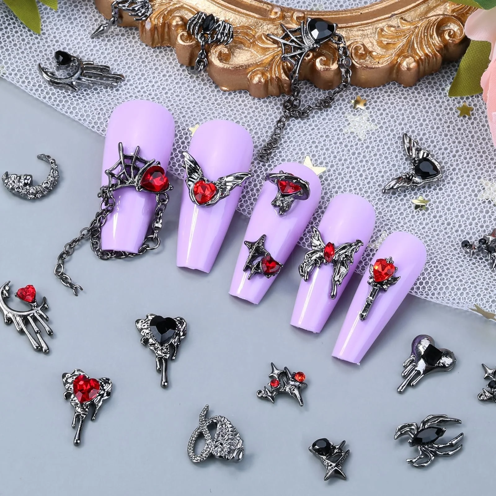 Украшения для ногтей Паук Луна Сердце Бабочка Цепь Камни для ногтей Стекло Красный, фото №2