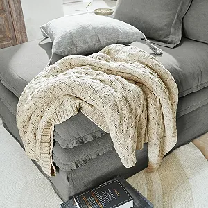 Плед Loberon Cealena, привлекательный вязаный узор, мягкий на ощупь, вневременной и естественный вид, покрывало, хлопок, бежевый synthetic.ua - Фото 1