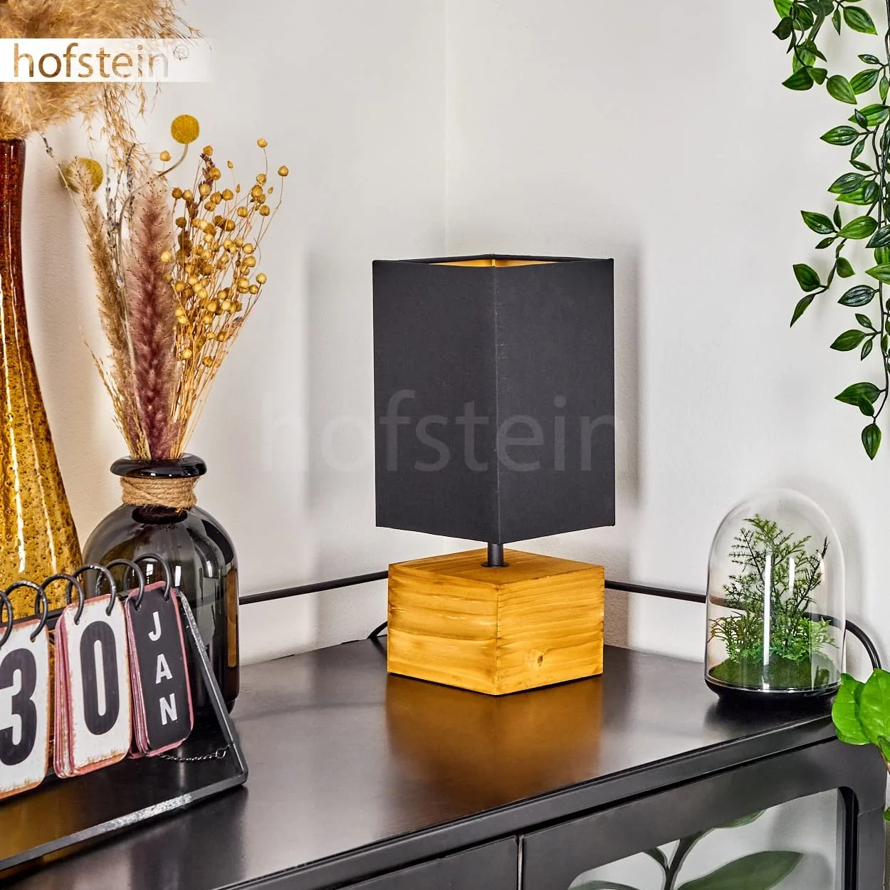 Настільна лампа Geneva приліжкова дерево/тканина скандинавський дизайн E14 довжина 12,5 см з вимикачем на кабелі Натуральне дерево/Чорна/Золота, фото №2