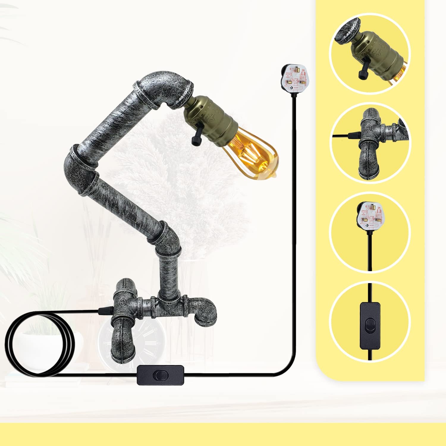 Настільна лампа Industrial Antique Style Brushed Silver Water Pipe Steampunk, фото №4