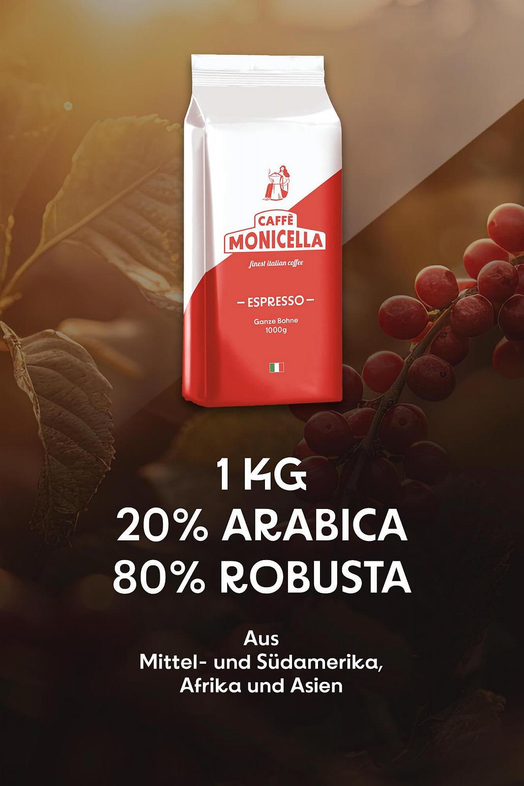 Кава в зернах CAFFÈ MONICELLA Espresso 1 кг - Насичений, Шоколадний - Арабіка та Робуста - Ідеально підходить для портафільтрів, кавоварок еспресо та повністю автоматичних кавомашин - Низька кислотність - Темне італійське обсмажування, фото №3