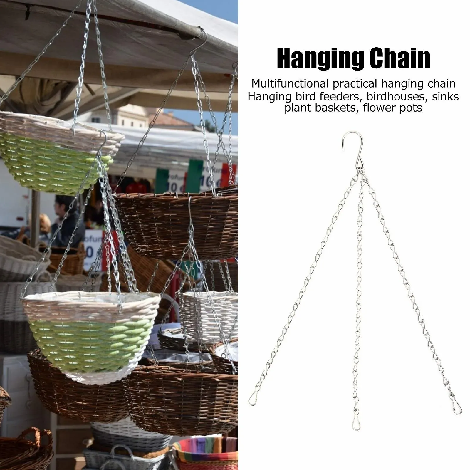 Подвесная цепь для цветочных горшков 4 штуки Металлическая 3-х точечная с S-образными крючками и клипсами, фото №2