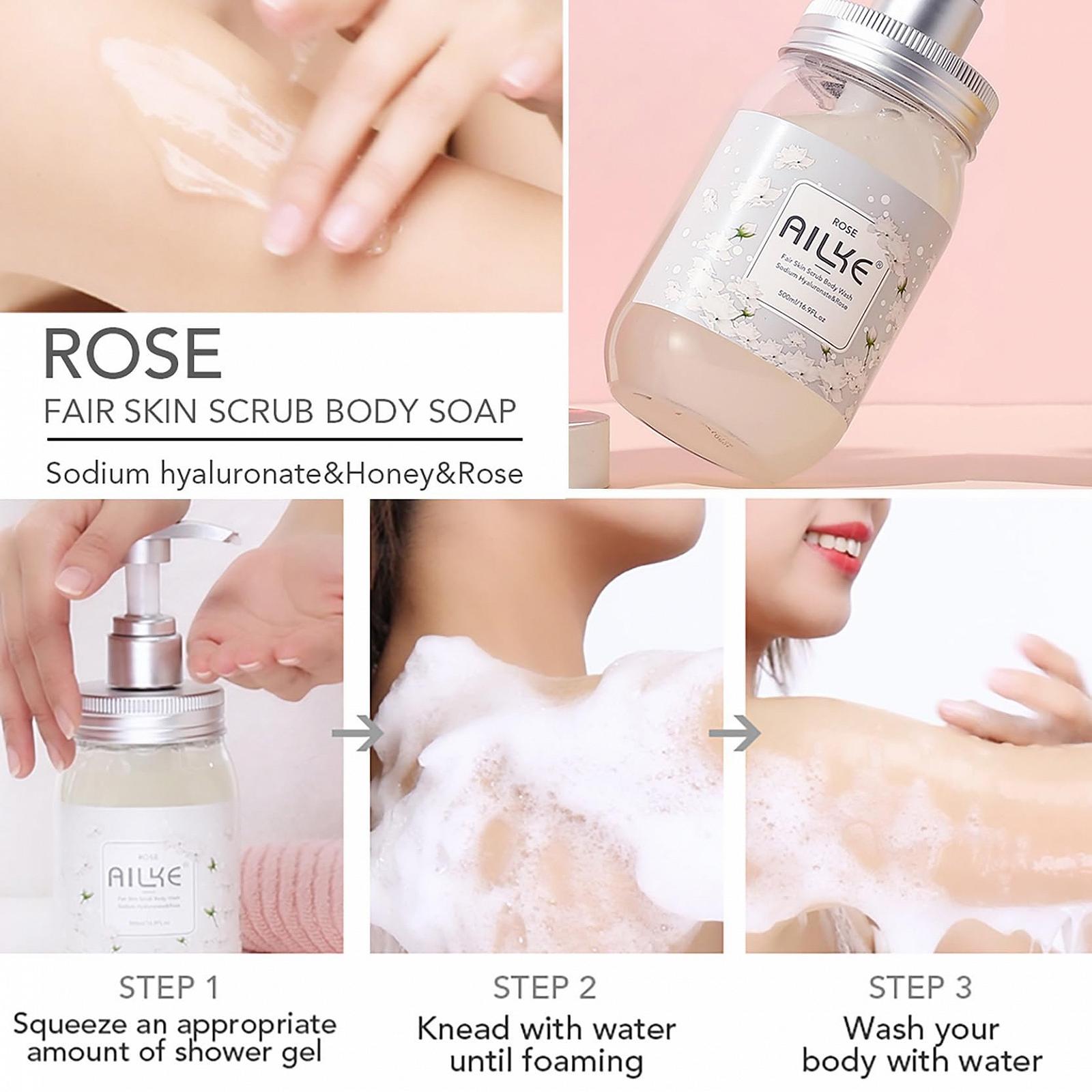 Гель-скраб для тіла AILKE Fair Skin Rose Oil Extract Sodium Hyaluronate 500 мл, фото №5 Гель-скраб для тіла AILKE Fair Skin Rose Oil Extract Sodium Hyaluronate 500 мл, фото №5