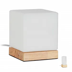 Настільна лампа Relaxdays Cube E14 дерево матове скло 15 x 12 x 12 см біла натуральна - Фото 1