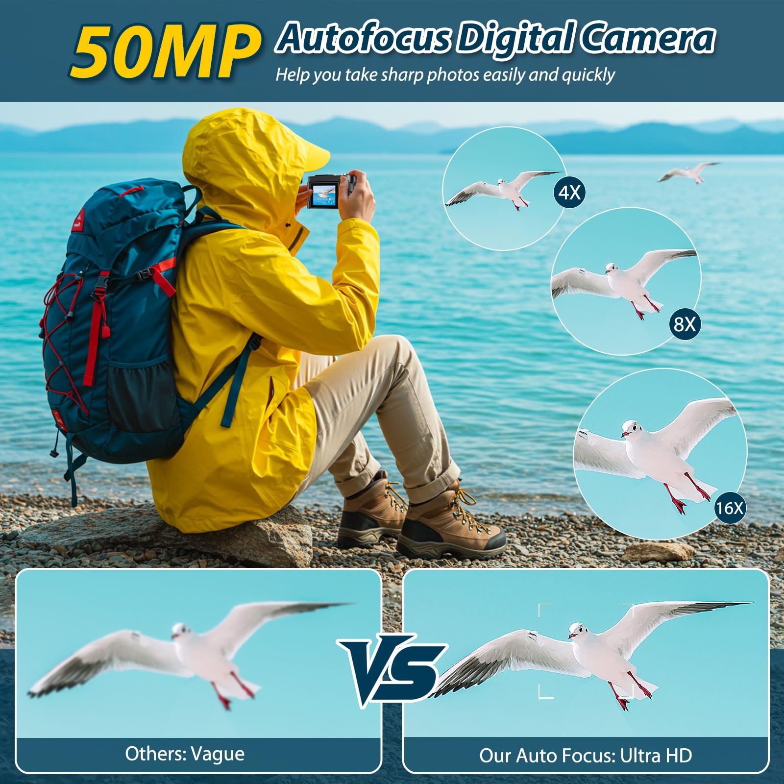 Цифровая камера 4K 50MP, автофокус, 16-кратный цифровой зум, 2,8-дюймовый экран, вращающийся на 180
		
		градусов, компактная камера для селфи с картой 32GB, фото №4