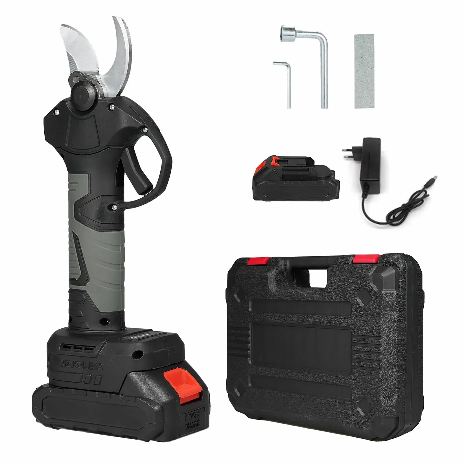 Портативні електричні секатори 21V з сумкою для перенесення, акумуляторною літієвою батареєю 2000mAh та зарядним пристроєм, кущоріз, секатори, діаметр різання 30мм, фото №1