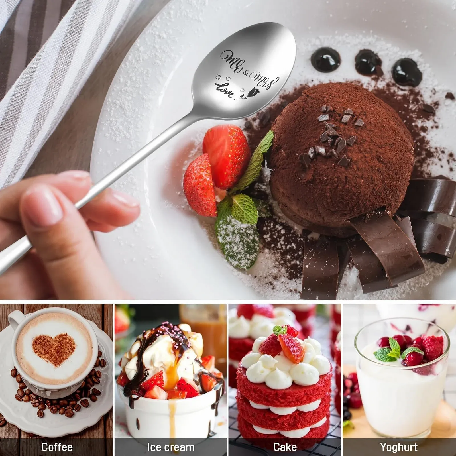 Кавова ложка з гравіюванням Mr & Mrs and Just Married, 4 шт., нержавіюча сталь, фото №3