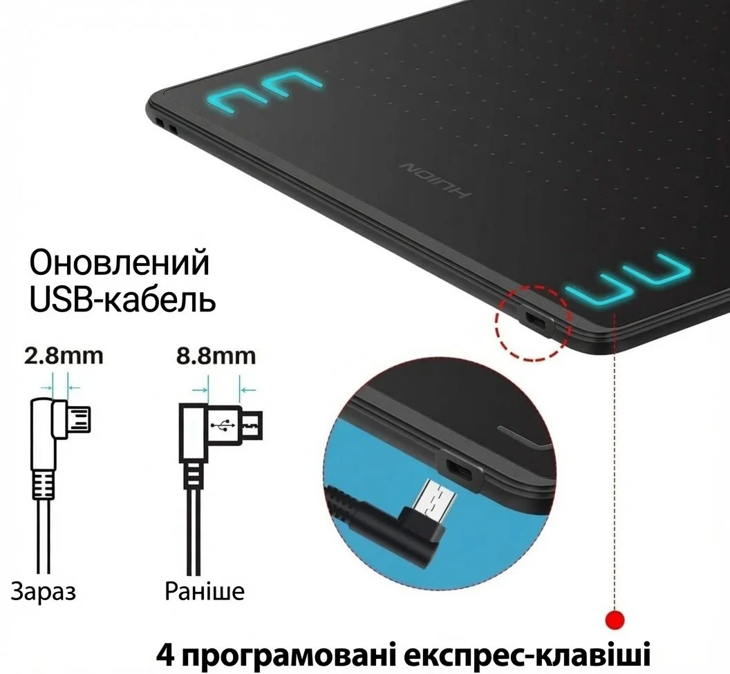 Графічний планшет HUION HS64 / робоча поверхня 6,3x4 дюйми / 5080 LPI / 266 PPS / Чорний, фото №5 Графічний планшет HUION HS64 / робоча поверхня 6,3x4 дюйми / 5080 LPI / 266 PPS / Чорний, фото №5