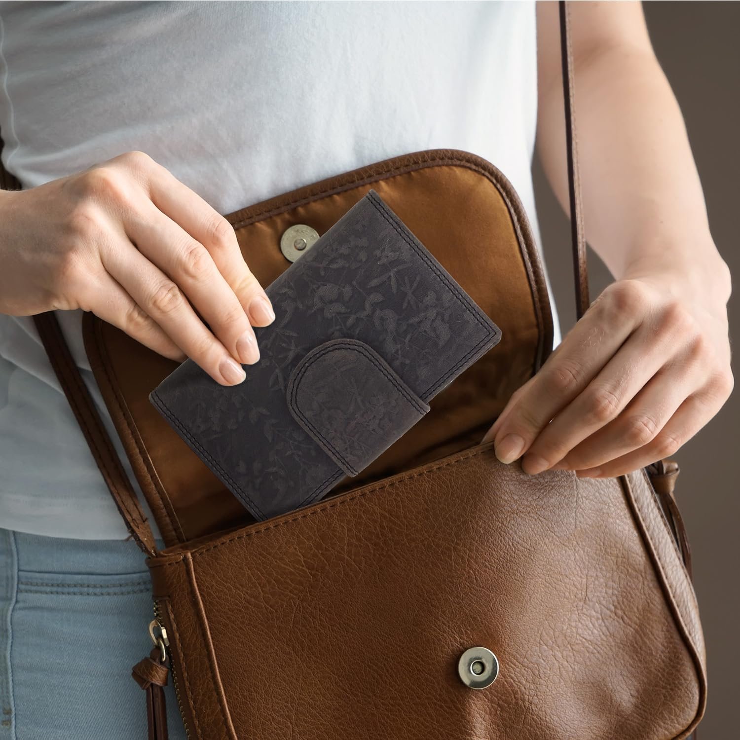 Женский кошелек ekavale Кожаный с цветочным узором RFID защита Черный Классический, фото №7