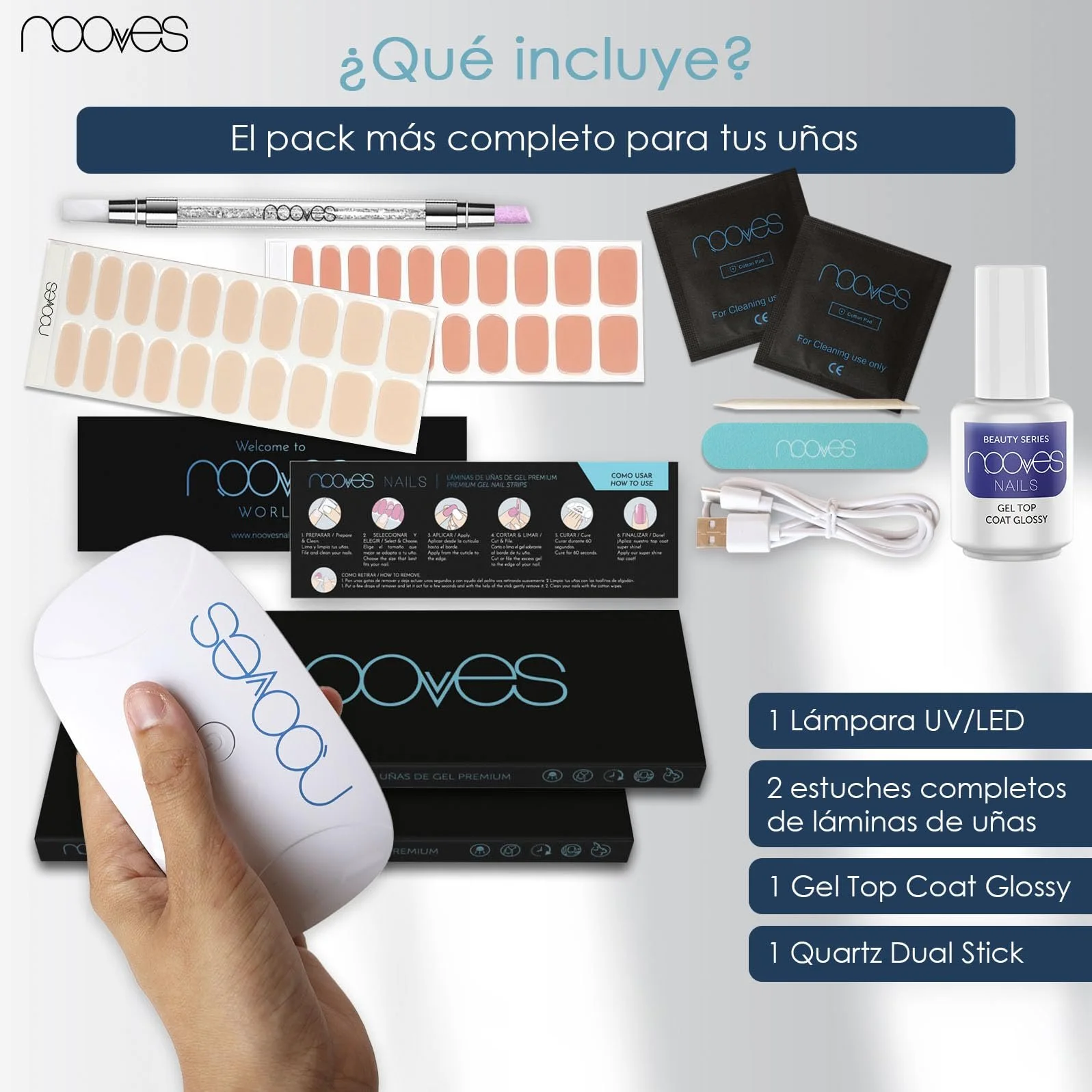 Гель-лак NOOVES Nude, стартовий набір: 2 гелеві фольги для нігтів + УФ/LED лампа для нігтів + глянсовий гель-топ + кварцова подвійна паличка, фото №2