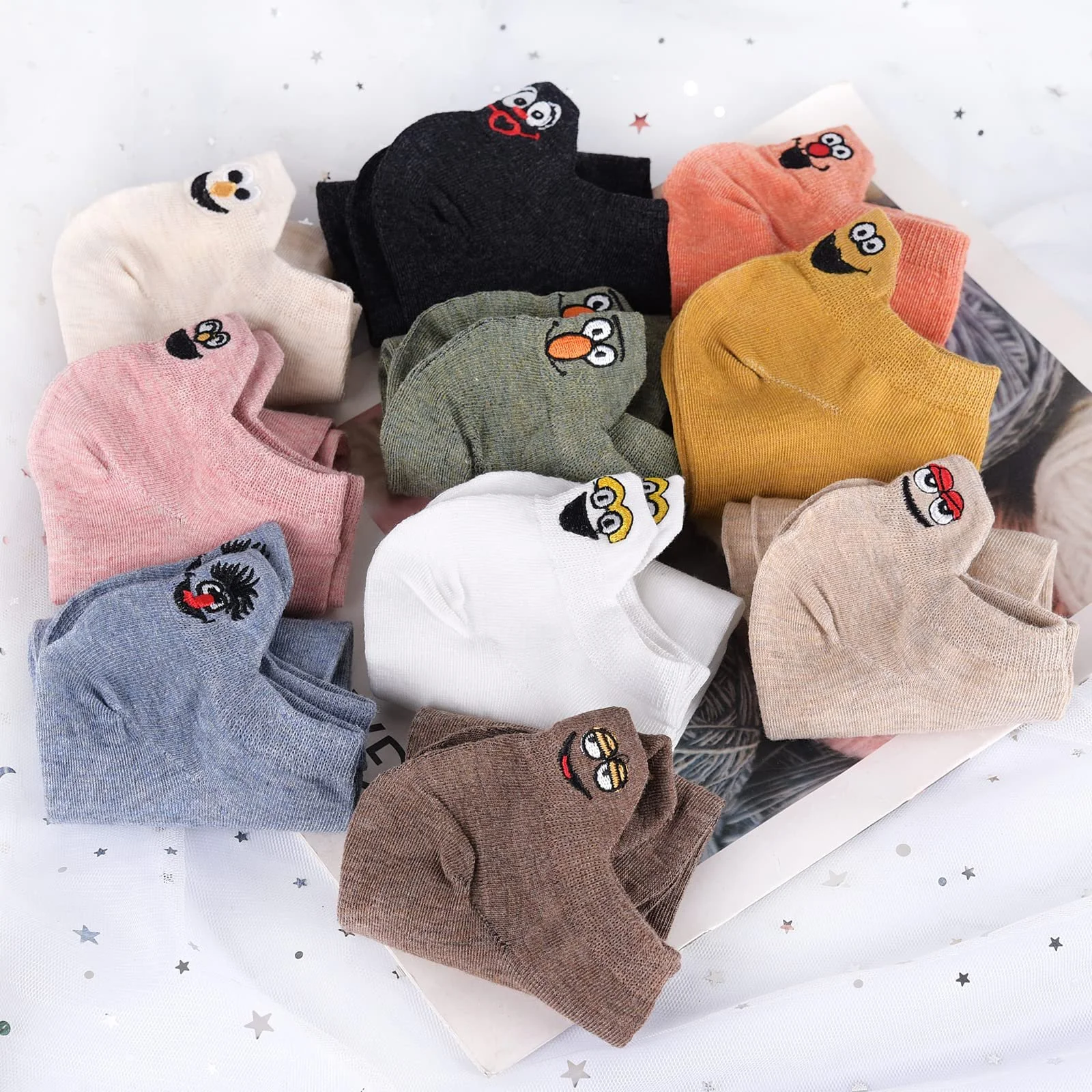 Носки Sneaker Girls' 10 пар Хлопок с высокой плотностью Удобные Милые вышитые женские носки Забавные (Случайный цвет), One Size, Мультяшные носки, фото №6