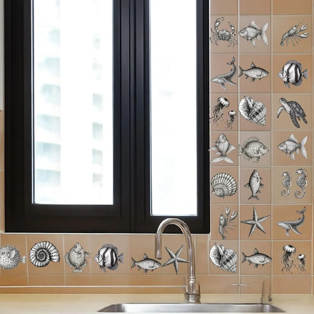 Наклейки на стіну SUPERDANT Sea Life Sketch Style 60 шт. чорні, фото №4