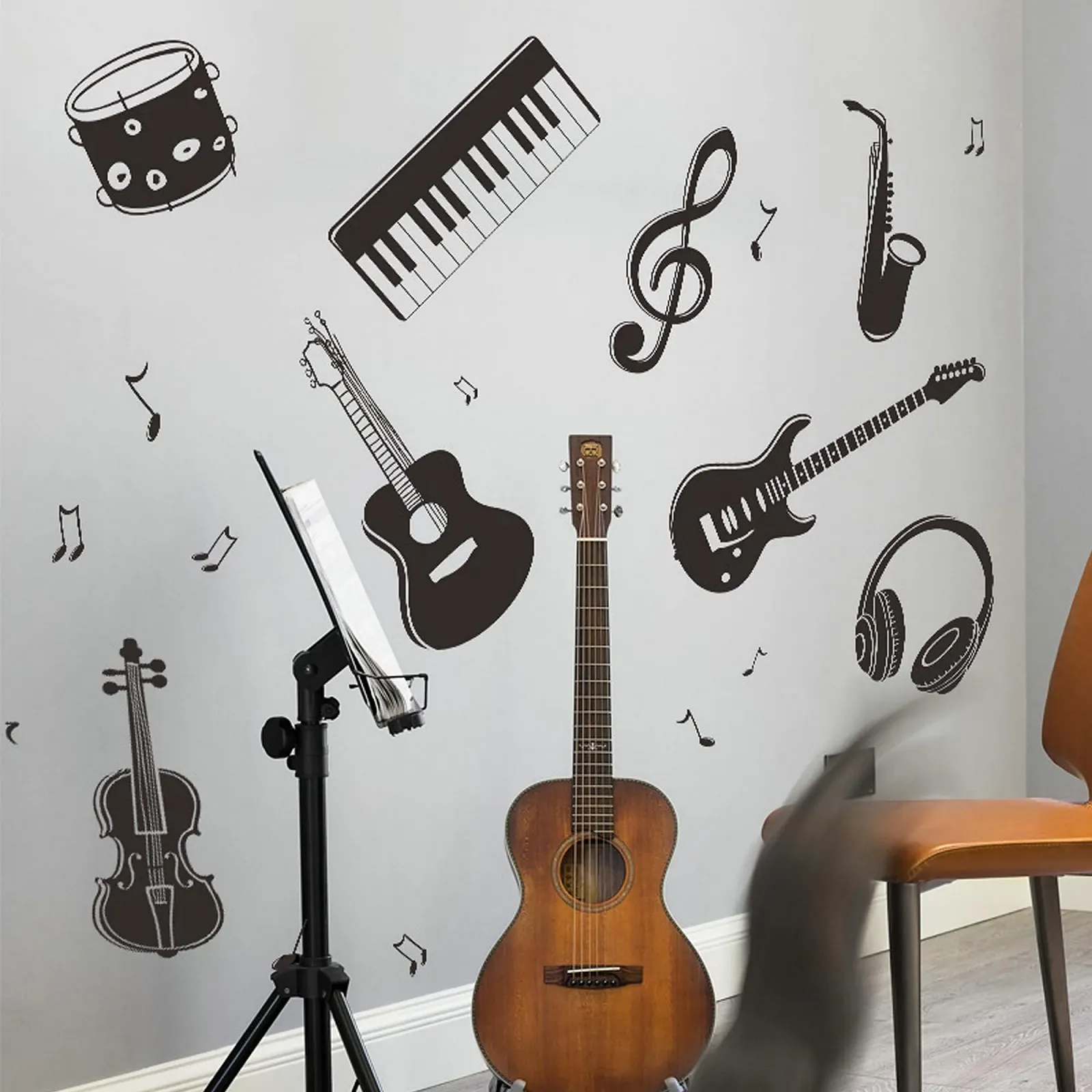 Наклейка на стену Гитара и ноты Музыкальные инструменты Черная, фото №5