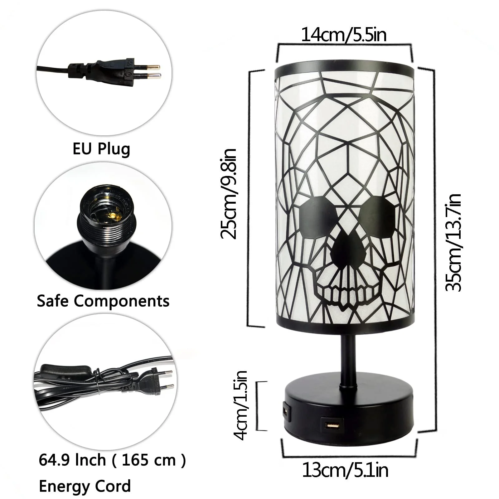 Настільна лампа Skull сенсорна з регулюванням яскравості, 2 порти USB, 3 рівні яскравості, ретро E27 метал, чорний, фото №8
