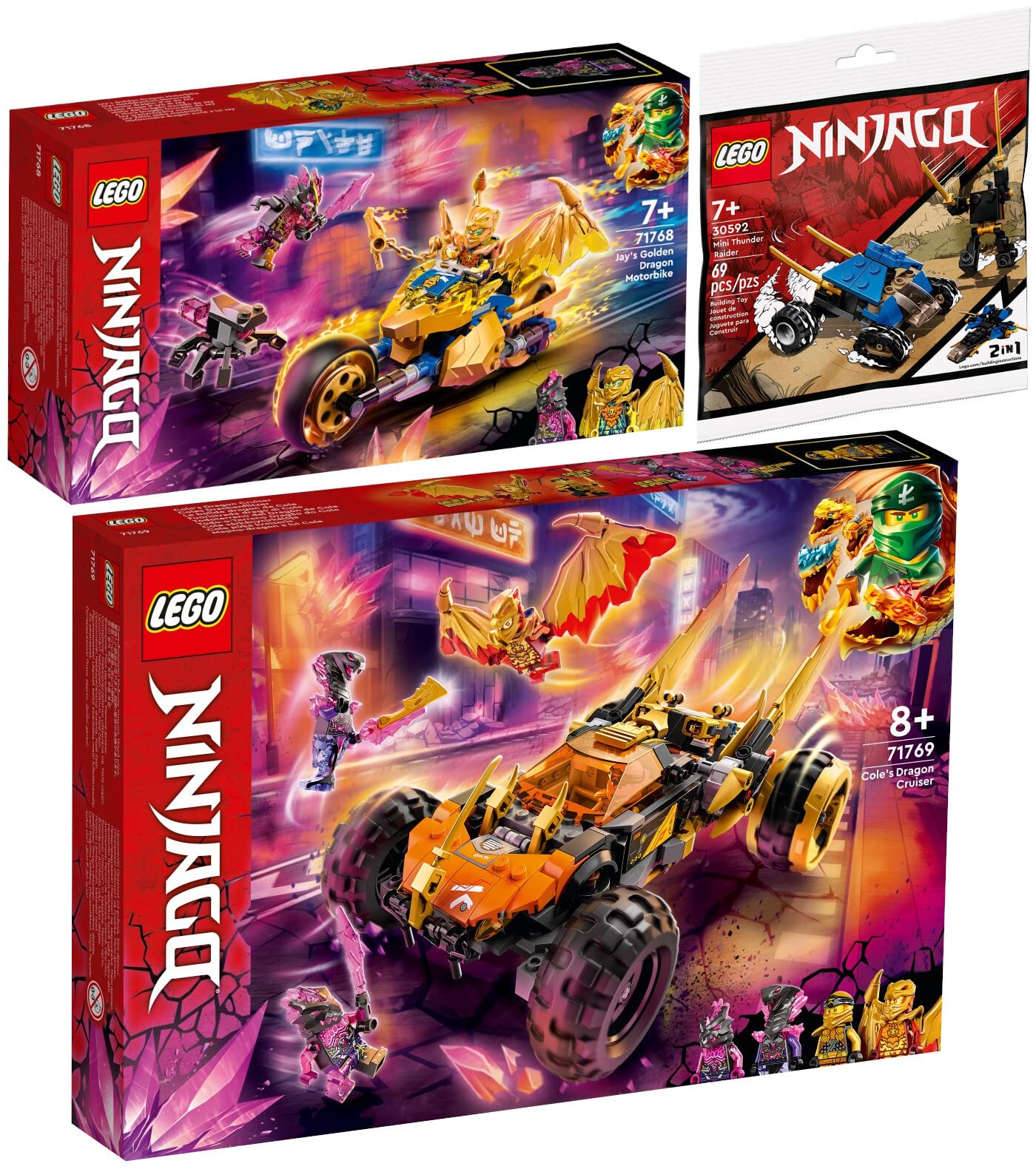 Конструктор Lego 71769 Coles Dragon Speedster, 71768 Jays Gold Dragon Motorcycle, 30592 Mini Thunder Hunter, фото №1