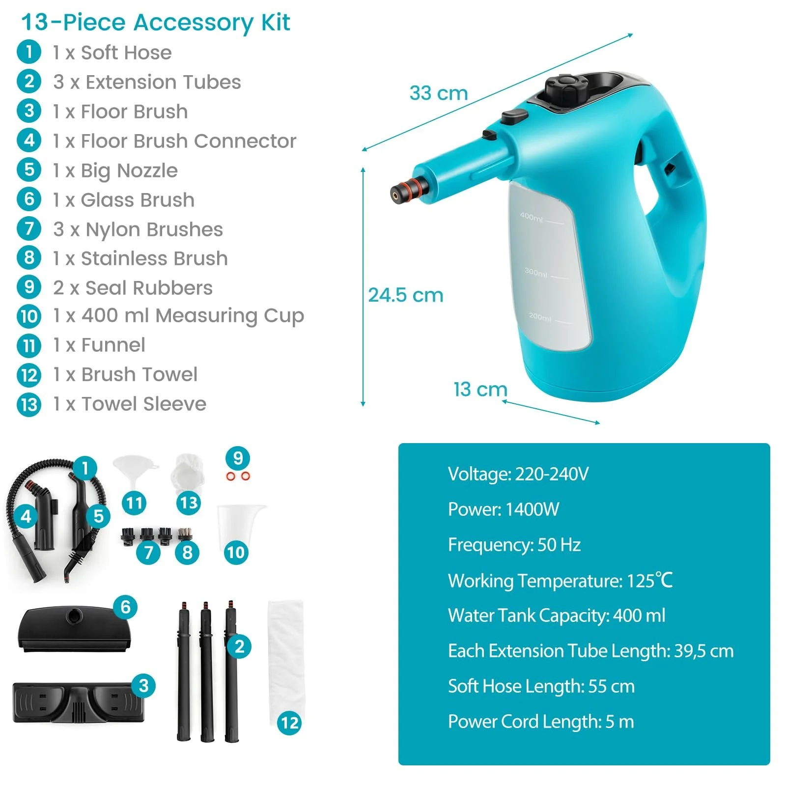Пароочиститель SOARS 14 аксессуаров 2 Bar 125 ℃ 1 мин 1500 W 400ML Blue, фото №9 Пароочиститель SOARS 14 аксессуаров 2 Bar 125 ℃ 1 мин 1500 W 400ML Blue, фото №9