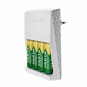 Зарядний пристрій VARTA для акумуляторів, в комплекті 4 x AA 2100 mAh, заряджає 2 або 4 AA/AAA одночасно, штекерний зарядний пристрій, білий - Фото 1