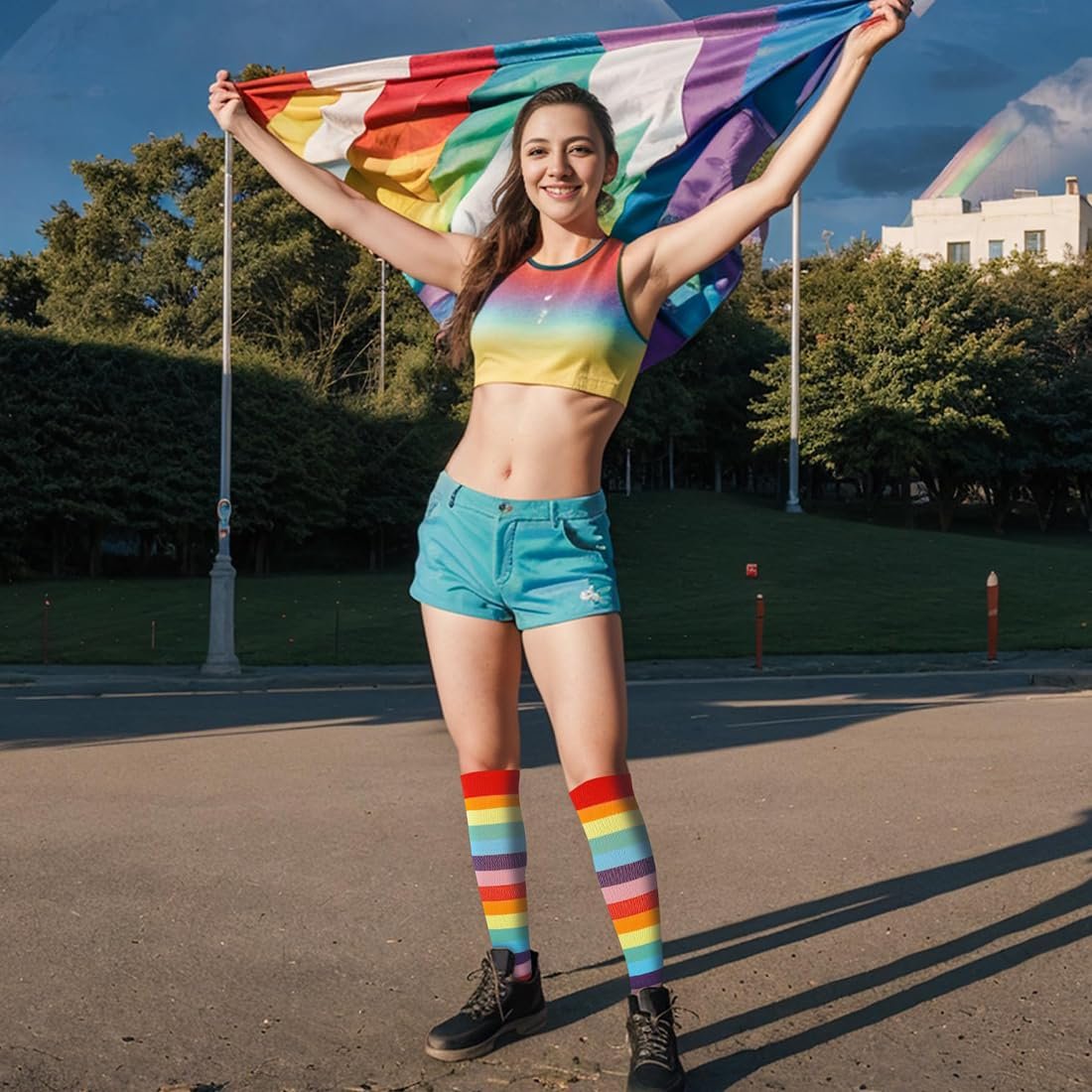 Носки женские в радужную полоску, гольфы до колен, хлопковые длинные полосатые носки, высокие носки для сапог, усиленные женские гольфы, фото №4