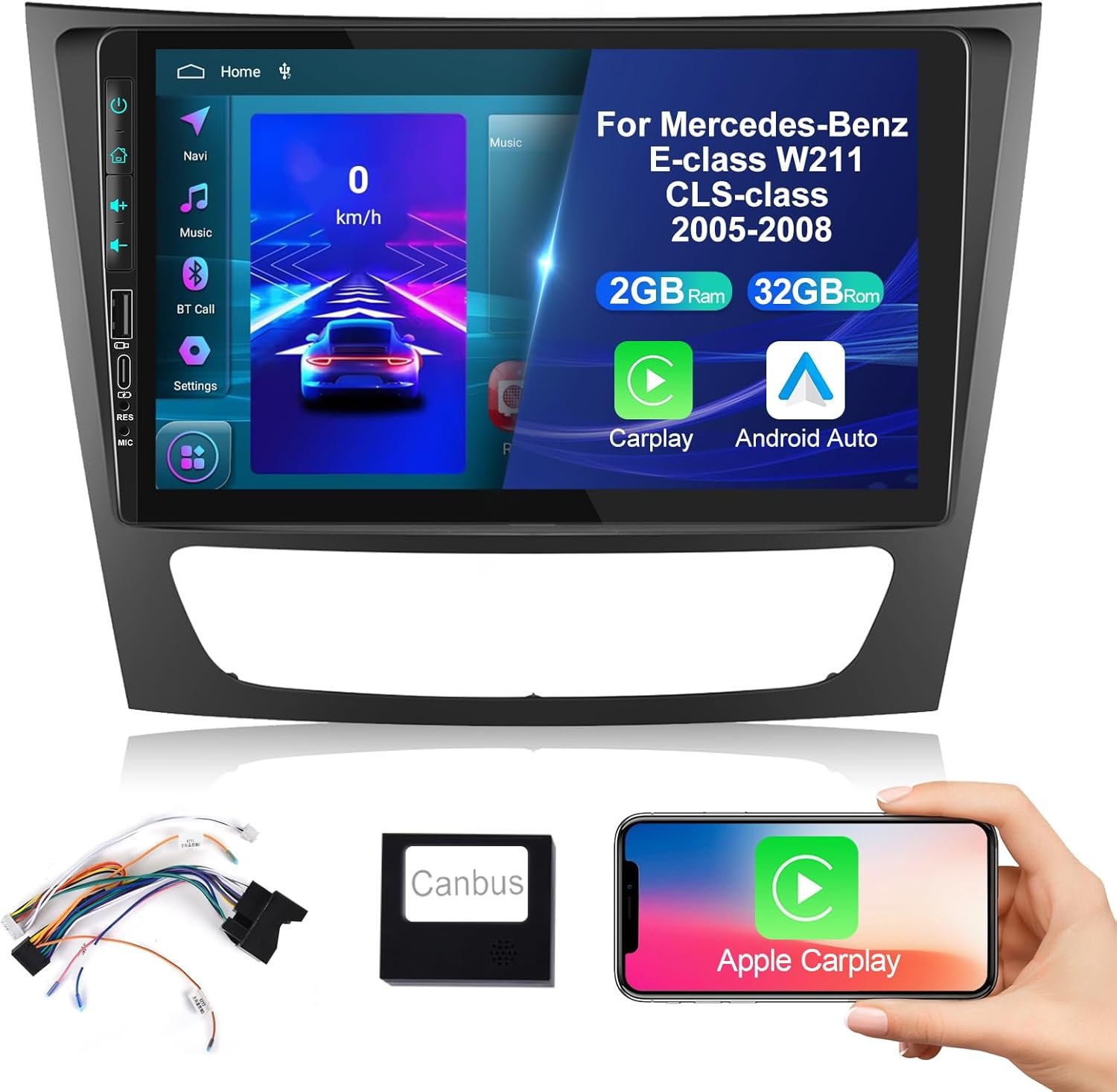 Штатна автомагнітола Hodozzy Autoradio для Mercedes-Benz E-class W211/CLS-class 2005-2008 / 9" / Сенсорна / 2/32Гб / Android 13 / Apple CarPlay / Android Auto / Wi-Fi / GPS / RDS / Bluetooth / USB / FM / Type-C, фото №1