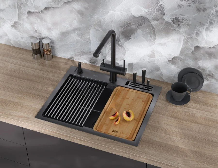 Кухонна мийка чорна з нержавіючої сталі 1.5 мм накладна багатофункціональна Nett NB-5747, фото №1