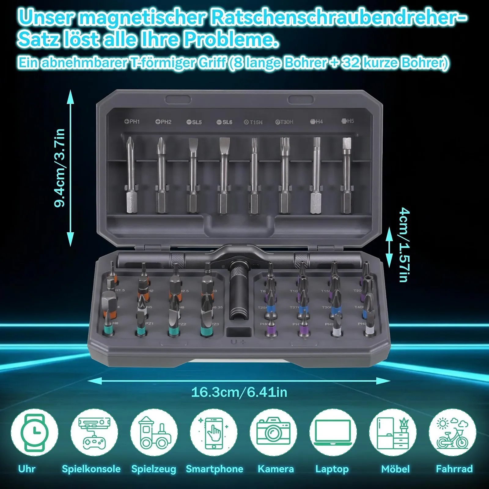 Набір магнітних реверсивних викруток 42-в-1 з Т-подібною ручкою та 40 бітами, фото №2