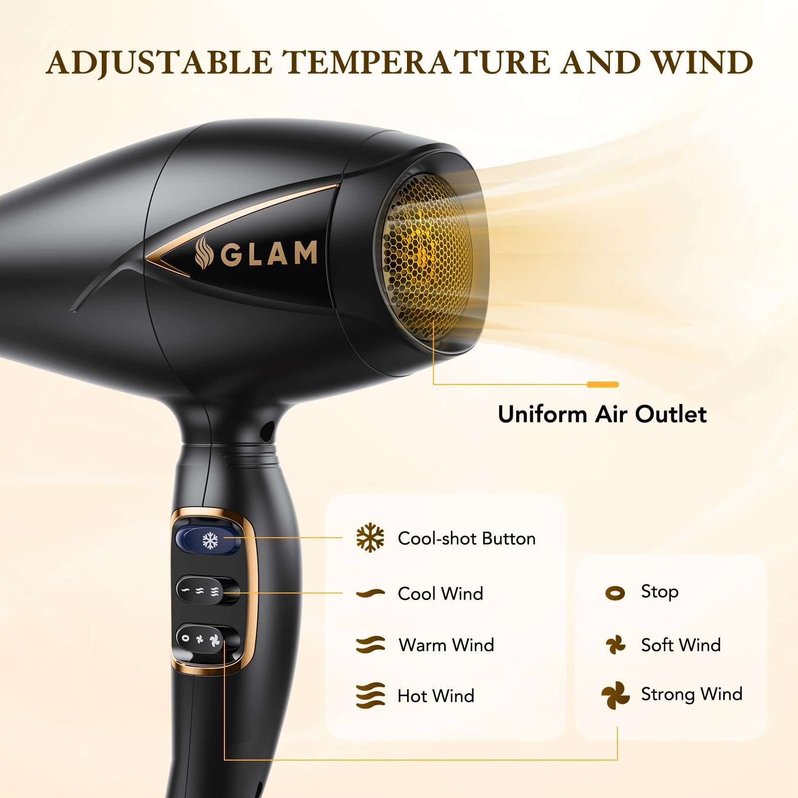 Фен GLAM Professional, 2300 Вт, AC мотор, 2 скорости, 3 нагрева, кнопка холодного обдува, диффузор и концентратор, фото №5