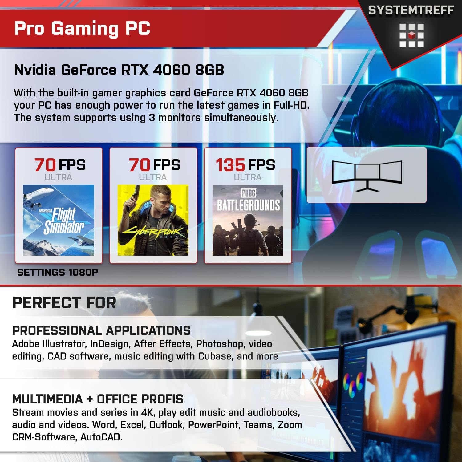 Комп'ютер SYSTEMTREFF Gaming Ryzen 7 5800X 8x4.7GHz GeForce RTX 4060 8GB 1TB 32GB, фото №5