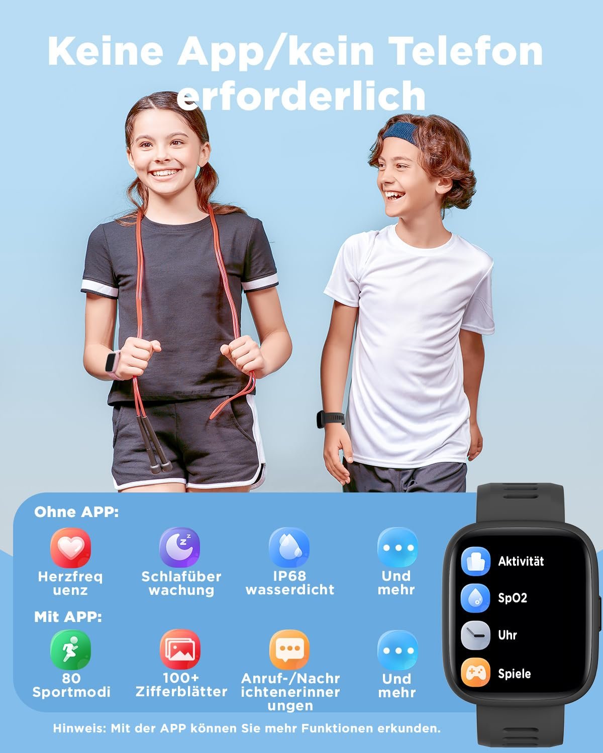 Смарт-годинник BIGGERFIVE Kids BRAVE 2, 1.8 дюйма, крокомір, цілодобовий пульсометр, IP68 водонепроникний, монітор сну, будильник, 5 головоломок, фітнес-трекер для дівчаток, хлопчиків, підлітків 5-16 років, фото №2