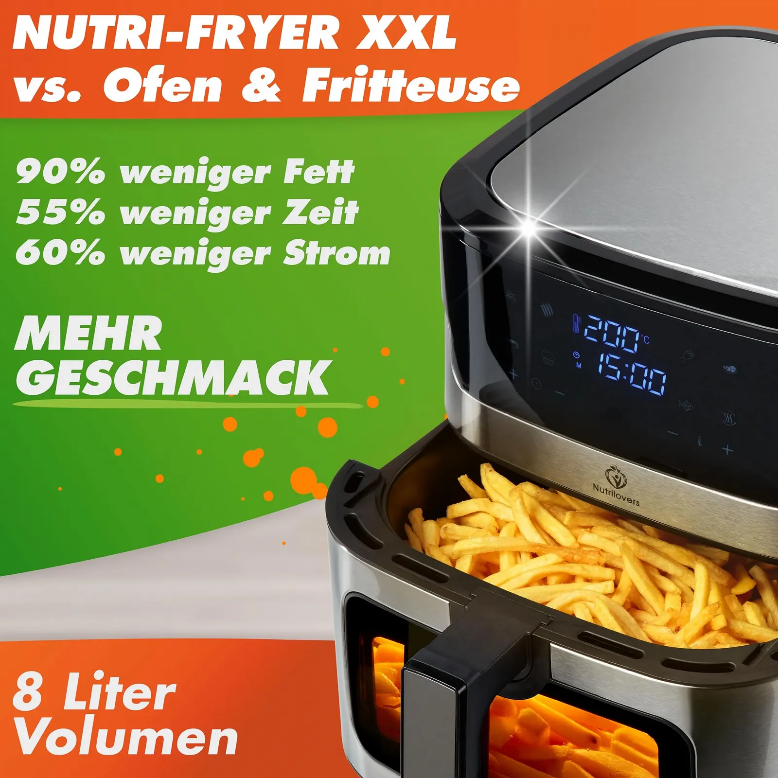 Мультипечь Nutrilovers Nutri-Fyer XXL 8 л 2000 Вт нержавеющая сталь LED дисплей смотровое окно, фото №5